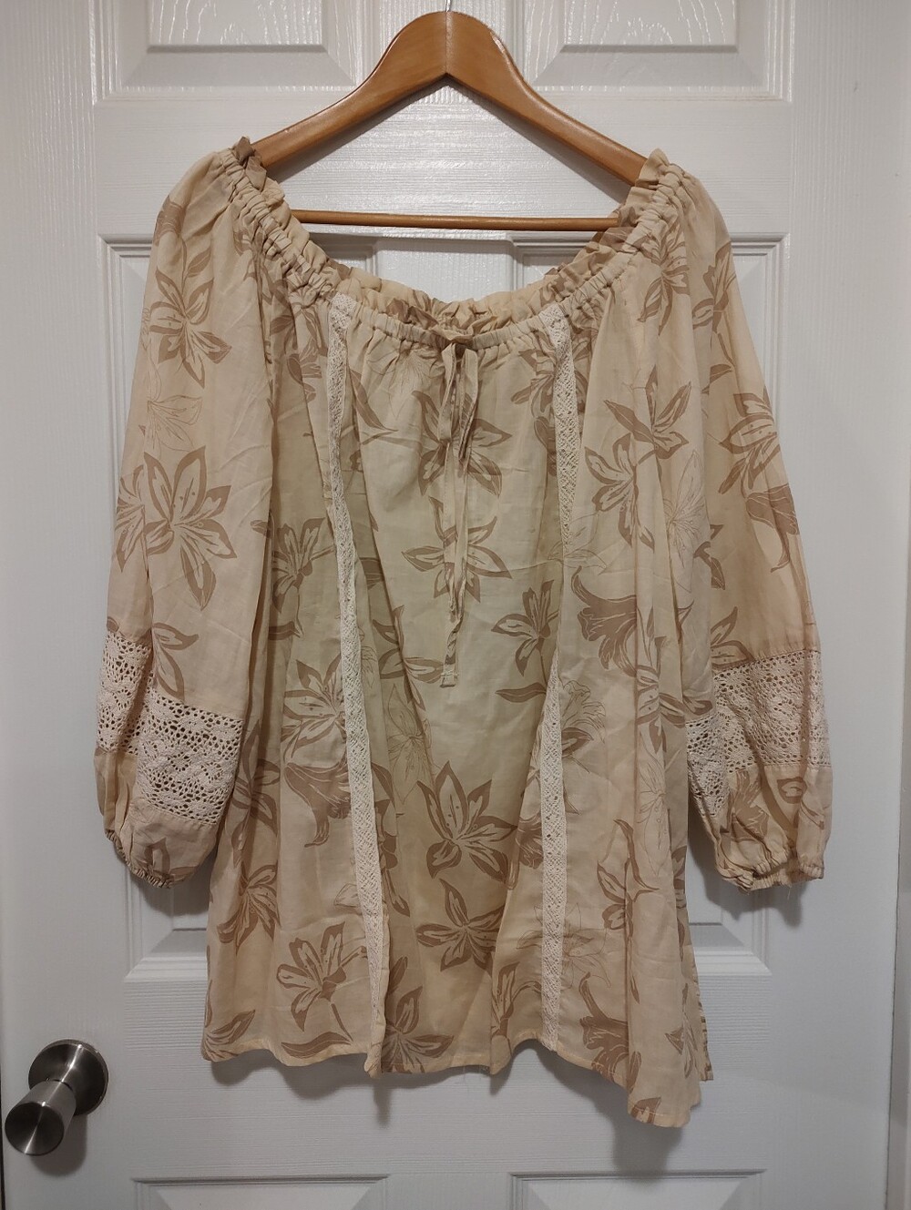 Beige Floral Off-Shoulder Womens Top with Lace Trim